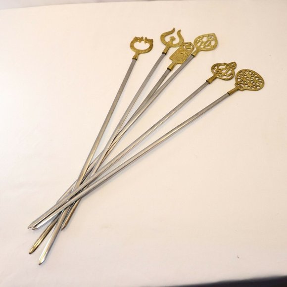 SOLD-6 Vintage 1960's Turkish Stainless Steel & Brass Shish Kebab Skewers, - Picture 2 of 11